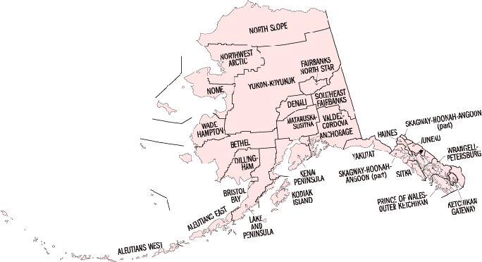 Map of Alaska Boroughs / Census Areas (CA)